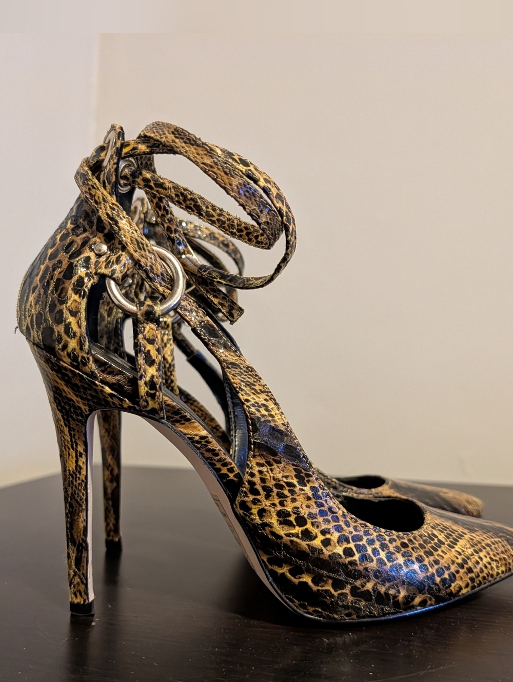 Sexy Paper Fox Faux Snakeskin Ankle-Strap Stilettos Heels Yellow Black Babe Hot